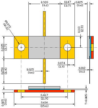 3.6Ω, 13.40GHz 400W ALUMINUM NITRIDE FLANGED POWER RESISTORS, FLANGE MODEL FL05G USMRPFG22522530AN-400W-3R6-1%-FL05G flange mechanical data - standard model FL05G