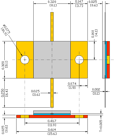 15Ω, 1.59GHz 770W ALUMINUM NITRIDE FLANGED POWER RESISTORS, FLANGE MODEL FL08G USMRPFG32032030AN-770W-150-1%-FL08G flange mechanical data - standard model FL08G